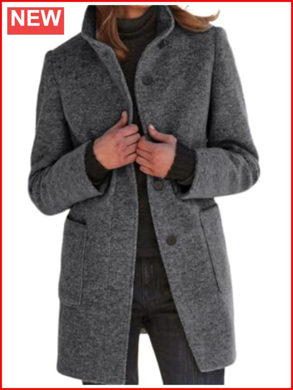 Women Wool Blend Stand Collar Long Pea Coat Winter Jacket